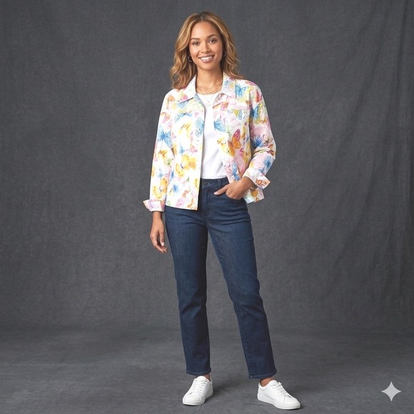 Alfred Dunner Jackets & Blazers - Alfred Dunner Womens Size 6P Petite Butterfly Eyelet Jacket Button Up Floral Art